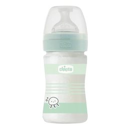 Chicco Well Being 0m+ Green Unisex - Γυάλινο Μπιμπερό με Θηλή Σιλικόνης Αργής Ροής  150ml CHICCO Μπιμπερό