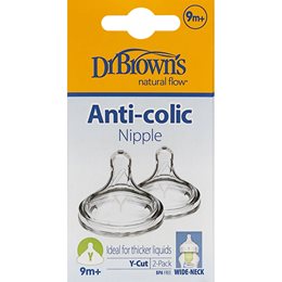 Dr. Brown's Natural Flow Options+ Θηλή Από Διάφανη Σιλικόνη Με Φαρδύ Λαιμό Y-Cut 9m+ 2Τμχ  DR. BROWNS Θηλές