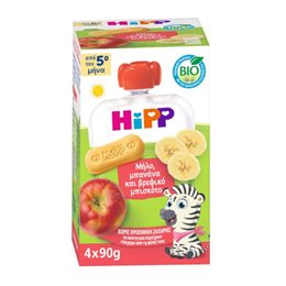 Hipp Promo Bio Φρουτοπολτός Μήλο Μπανάνα & Βρεφικό Μπισκότο από 5ο Μήνα 4x90g  Έτοιμα Βρεφικά Γεύματα