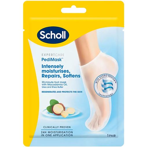 Dr. Scholl's PediMask, Μάσκα Ποδιών με Έλαιο Μακαντάμια, Ουρία και Βούτυρο Καριτέ, 1 ζευγάρι