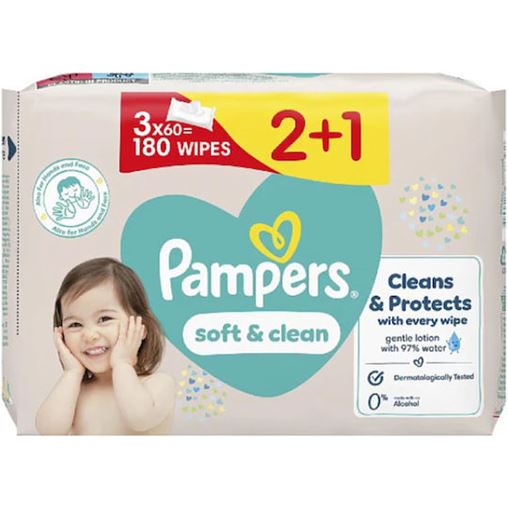 Pampers Soft & Clean Μωρομάντηλα 3 x 60 Τεμάχια (2+1)