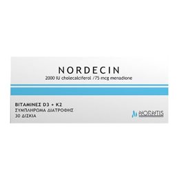 Norntis Nordecin Vitamins D3 & K2 Συμπλήρωμα Διατροφής με Βιταμίνη D3 2000iu & K2 75mcg, 30 tabs  Οστά & Αρθρώσεις