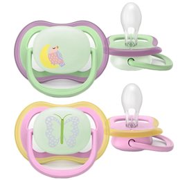 Philips Avent Ultra Air Nighttime Silicone Soother 6-18m Κωδ SCF376/29, 2 Τεμάχια Λαχανί - Ροζ AVENT Πιπίλες