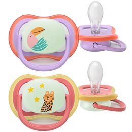 Philips Avent Ultra Air Nighttime Silicone Soother 18m+ Κωδ SCF376/33, 2 Τεμάχια Λιλά - Κοραλί AVENT Πιπίλες