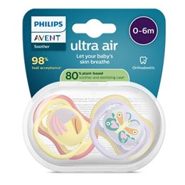 Philips Avent Ultra Air Ορθοδοντική Πιπίλα Σιλικόνης Κίτρινο/Μωβ 0-6m, 2 τεμάχια AVENT Πιπίλες