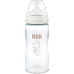 Nuk Nuk First Choice+ Γυάλινο Μπιμπερό με Θηλή Σιλικόνης M για 3+ μηνών με σχέδιο Ιππόκαμπος, 240ml NUK Μπιμπερό