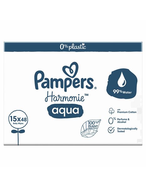 Pampers Harmonie Aqua Μωρομάντηλα με 99% Νερό, χωρίς Οινόπνευμα & Άρωμα 15x48τμχ (720 τεμάχια)