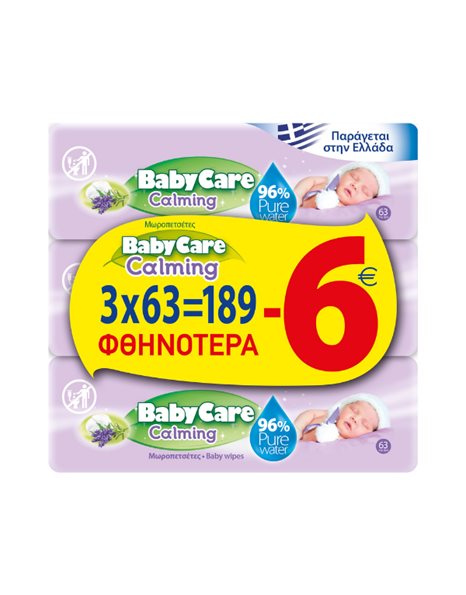 BabyCare Calming Pure Water Μωρομάντηλα Με Άρωμα Λεβάντας, 3x63τμχ 