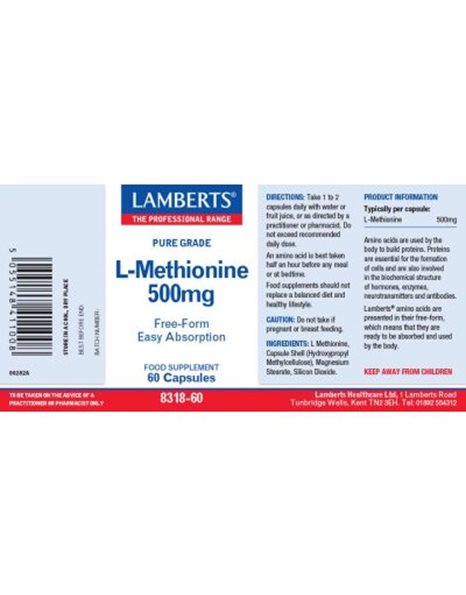 Lamberts L-Methionine Ελεύθερης Μορφής 500 mg, 60 κάψουλες