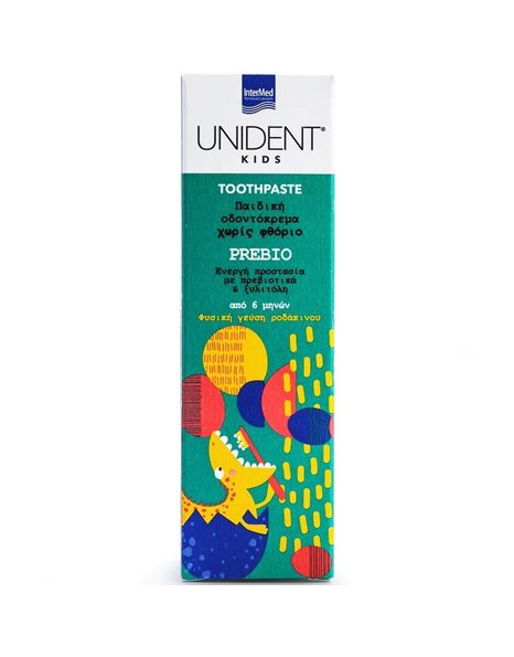 Intermed Unident Kids Toothpaste Prebio Παιδική Οδοντόκρεμα Χωρίς Φθόριο με  Γεύση Ροδάκινο 50 ml