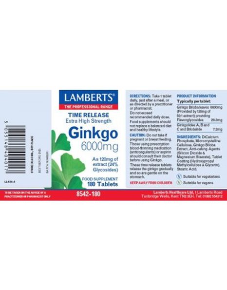 Lamberts Ginkgo Biloba Extract 6000mg Συμπλήρωμα για Μνήμη & Κυκλοφορία Αίματος 180 Ταμπλέτες