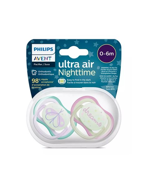 Philips Avent Πιπίλες Σιλικόνης Νυκτός Air για 0-6 μηνών Dreams/Butterfly Pink/Purple 2τμχ SCF376/17