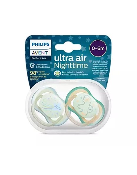 Philips Avent Πιπίλες Σιλικόνης UltraAir Nighttime για 0-6 μηνών Star/Bird Green/Mint 2τμχ SCF376/18