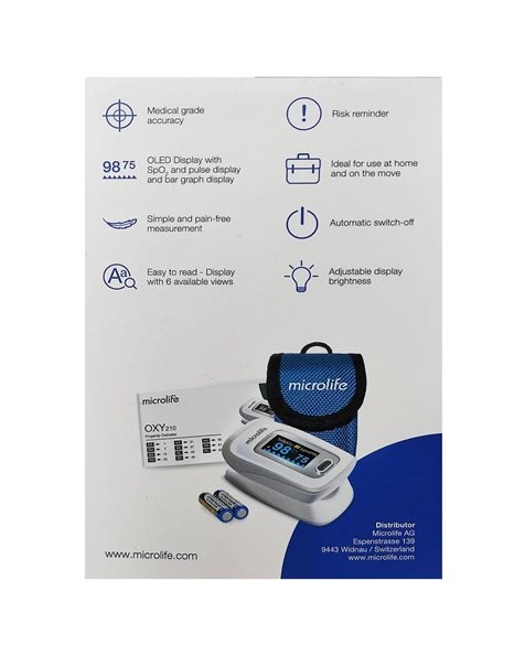 Microlife OXY 210 Fingertrip Pulse Oximeter Παλμικό Οξύμετρο Δακτύλου με Θήκη Μεταφοράς 1 Τεμάχιο