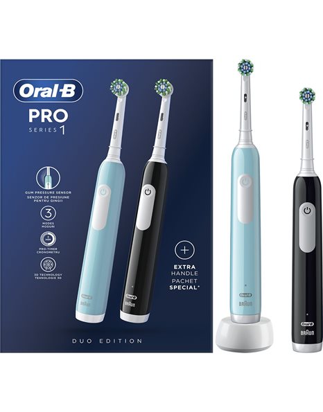 Oral-B Pro Series 1 Duo Επαναφορτιζόμενη Ηλεκτρική Οδοντόβουρτσα Γαλάζια & Μαύρη 2 Τμχ