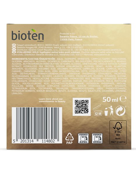 Bioten Gold Κρέμα Προσώπου Νυκτός για Ενυδάτωση & Αντιγήρανση με Υαλουρονικό Οξύ 50ml