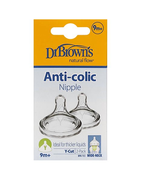 Dr. Brown's Natural Flow Options+ Θηλή Από Διάφανη Σιλικόνη Με Φαρδύ Λαιμό Y-Cut 9m+ 2Τμχ 