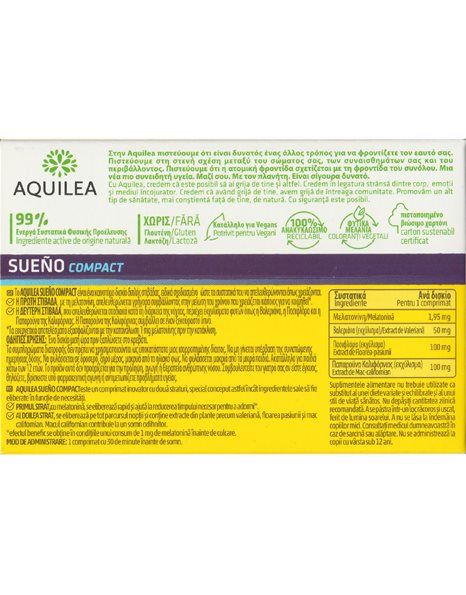 Aquilea Sueno Compact Συμπλήρωμα Διατροφής για Χαλάρωση και Καλύτερο Ύπνο 30tabs