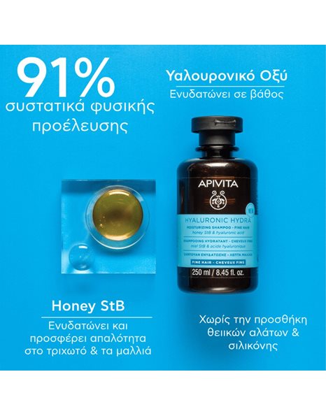 Apivita Hyaluronic Hydra Moisturizing Shampoo, Fine Hair-Σαμπουάν Ενυδάτωσης για Λεπτά Μαλλιά 250ml