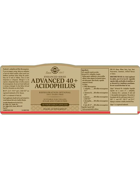 Solgar Enhanced Series Advanced 40+ Acidophilus Προβιοτικά 60 φυτικές κάψουλες