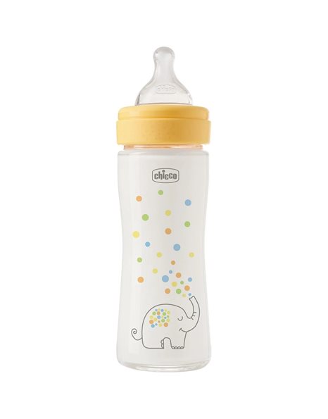 Chicco Perfect Easy Γυάλινο Μπιμπερό με Θηλή Σιλικόνης από 0m+ Ελεφαντάκι 240ml