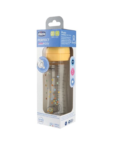 Chicco Perfect Easy Γυάλινο Μπιμπερό με Θηλή Σιλικόνης από 0m+ Ελεφαντάκι 240ml