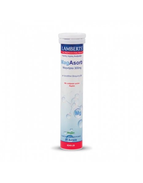 Lamberts MagAsorb Μαγνήσιο 300 mg μαζί με Βιταμίνη Β6 Γεύση Λεμόνι 20 αναβράζοντα δισκία